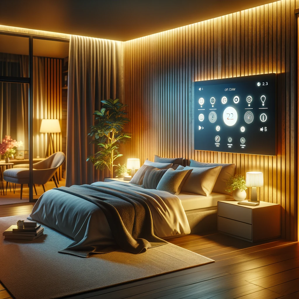 a cozy bedroom with automated lighting installed by visomni