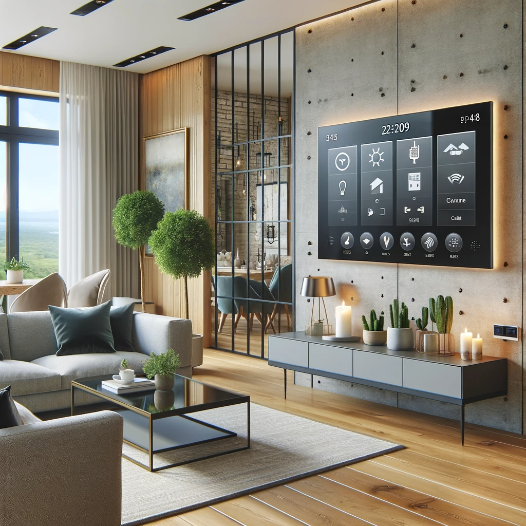 Modern home living room with smart automations on the wall